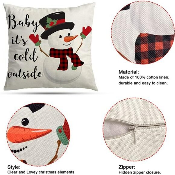 18x18 Set of 4 Red Black Christmas Tree Truck Snowman Farmhouse Pillow Case - Picture 5 of 6